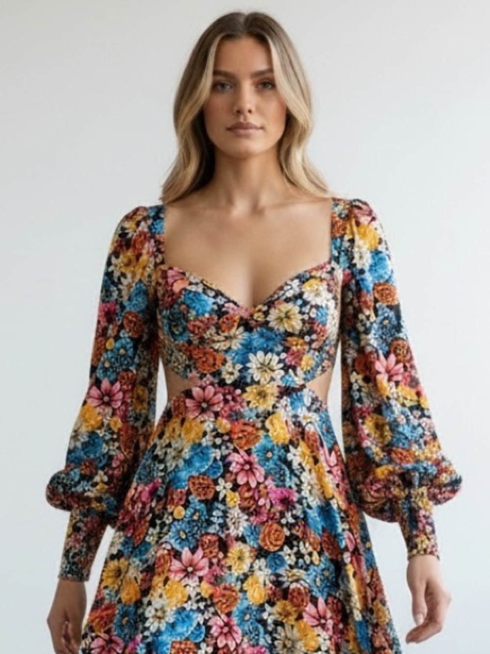 REVOLVE Floral Puff-Sleeve Mini Dress in Blue, Yellow & Pink - Picture 3 of 5